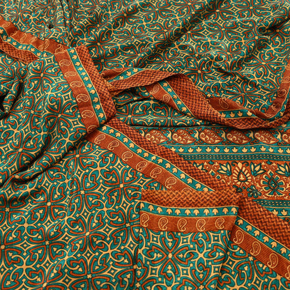 Indian Vintage Green Moss Crepe Saree | Printed Floral Sari Fabric | 5 Yards | Soft Craft Fabric for Sewing, Dressmaking, Quilting,Upcycling