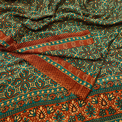 Indian Vintage Green Moss Crepe Saree | Printed Floral Sari Fabric | 5 Yards | Soft Craft Fabric for Sewing, Dressmaking, Quilting,Upcycling