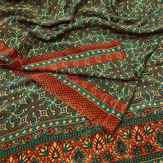 Indian Vintage Green Moss Crepe Saree | Printed Floral Sari Fabric | 5 Yards | Soft Craft Fabric for Sewing, Dressmaking, Quilting,Upcycling