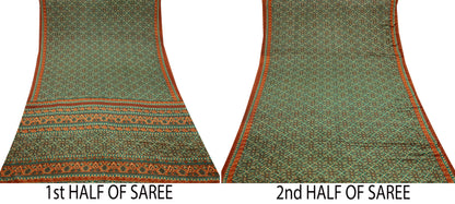 Indian Vintage Green Moss Crepe Saree | Printed Floral Sari Fabric | 5 Yards | Soft Craft Fabric for Sewing, Dressmaking, Quilting,Upcycling