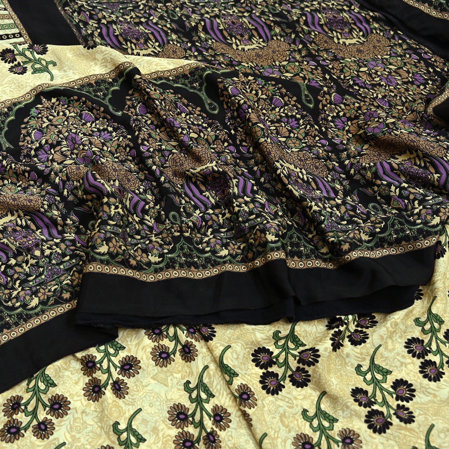 Indian Vintage Saree Beige & Black Moss Crepe Printed Sari | 5 Yards | Floral Soft Fabric for Sewing, Dressmaking, Crafting, Quilting