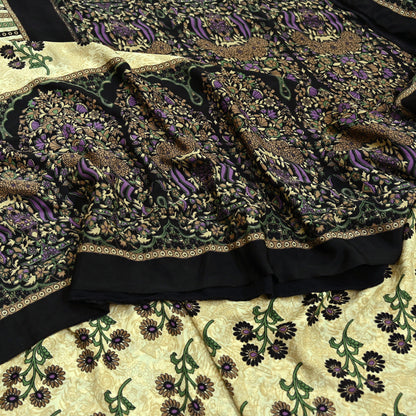 Indian Vintage Saree Beige & Black Moss Crepe Printed Sari | 5 Yards | Floral Soft Fabric for Sewing, Dressmaking, Crafting, Quilting