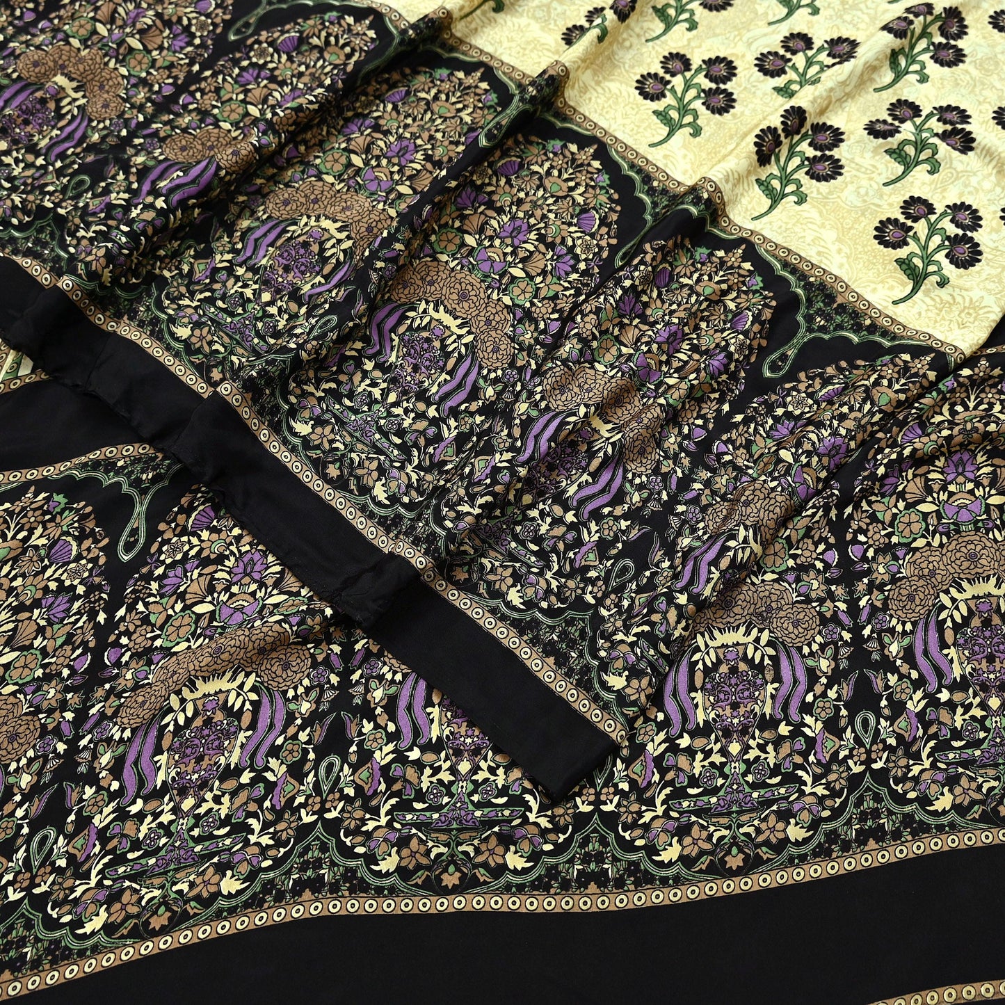 Indian Vintage Saree Beige & Black Moss Crepe Printed Sari | 5 Yards | Floral Soft Fabric for Sewing, Dressmaking, Crafting, Quilting