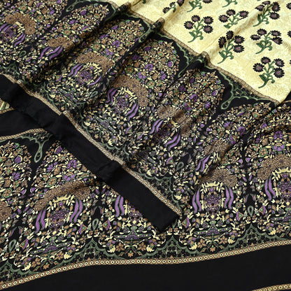 Indian Vintage Saree Beige & Black Moss Crepe Printed Sari | 5 Yards | Floral Soft Fabric for Sewing, Dressmaking, Crafting, Quilting