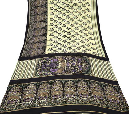 Indian Vintage Saree Beige & Black Moss Crepe Printed Sari | 5 Yards | Floral Soft Fabric for Sewing, Dressmaking, Crafting, Quilting