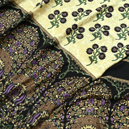Indian Vintage Saree Beige & Black Moss Crepe Printed Sari | 5 Yards | Floral Soft Fabric for Sewing, Dressmaking, Crafting, Quilting