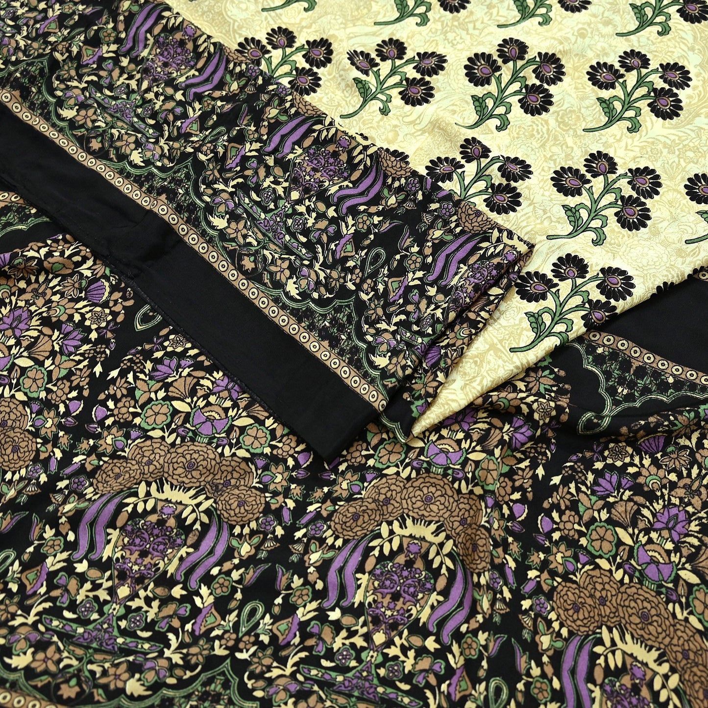 Indian Vintage Saree Beige & Black Moss Crepe Printed Sari | 5 Yards | Floral Soft Fabric for Sewing, Dressmaking, Crafting, Quilting