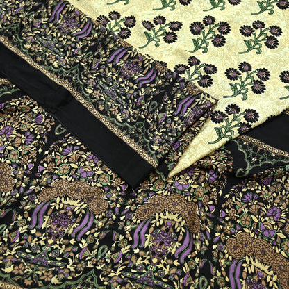 Indian Vintage Saree Beige & Black Moss Crepe Printed Sari | 5 Yards | Floral Soft Fabric for Sewing, Dressmaking, Crafting, Quilting