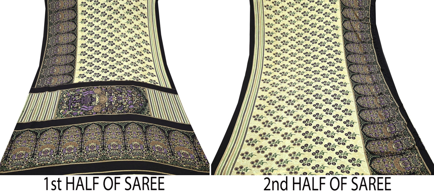 Indian Vintage Saree Beige & Black Moss Crepe Printed Sari | 5 Yards | Floral Soft Fabric for Sewing, Dressmaking, Crafting, Quilting