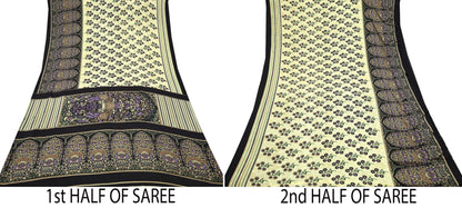 Indian Vintage Saree Beige & Black Moss Crepe Printed Sari | 5 Yards | Floral Soft Fabric for Sewing, Dressmaking, Crafting, Quilting