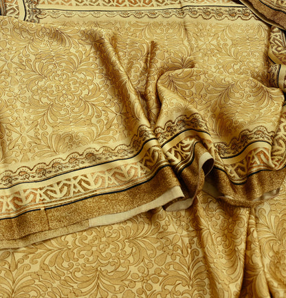Indian Vintage Beige Digital Printed Satin Saree Artificial Silk Fabric 5 Yards Floral Craft Fabric for Sewing, Quilting, Dressmaking,