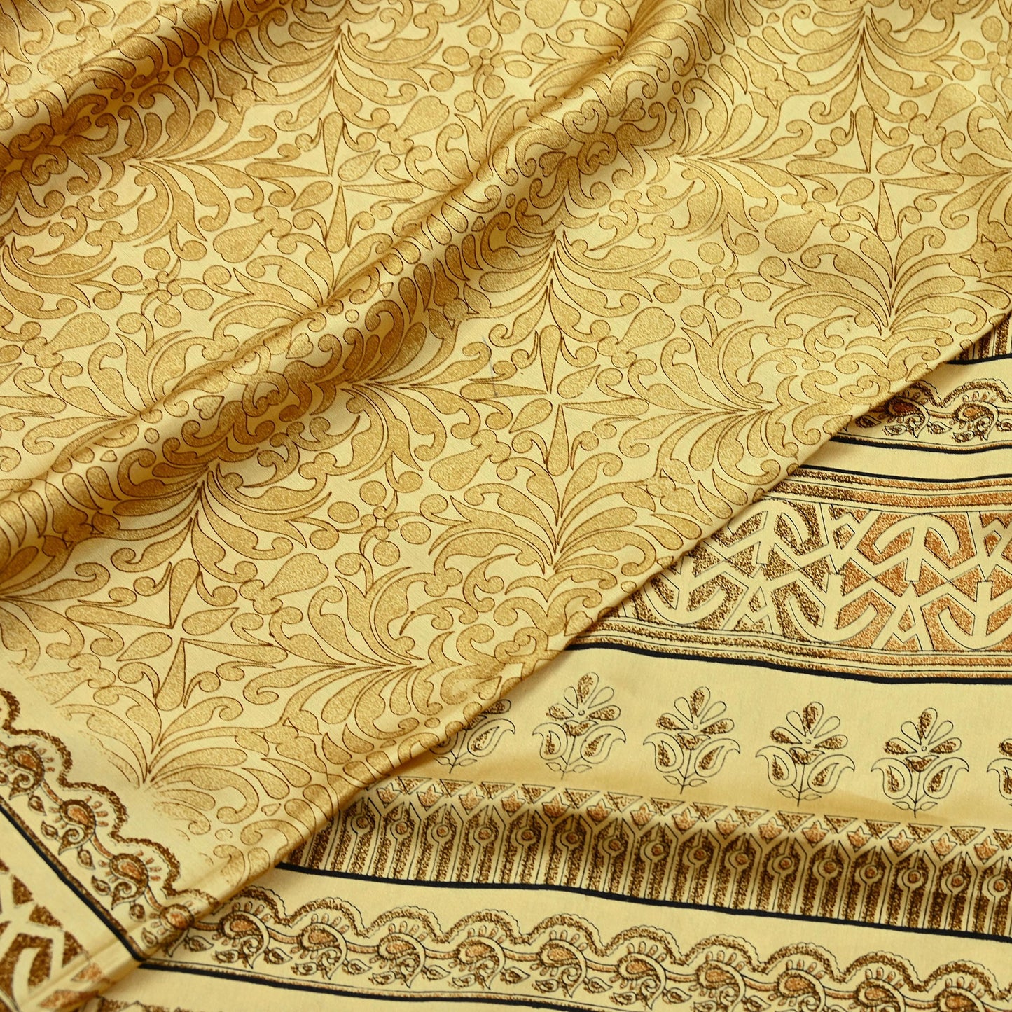 Indian Vintage Beige Digital Printed Satin Saree Artificial Silk Fabric 5 Yards Floral Craft Fabric for Sewing, Quilting, Dressmaking,