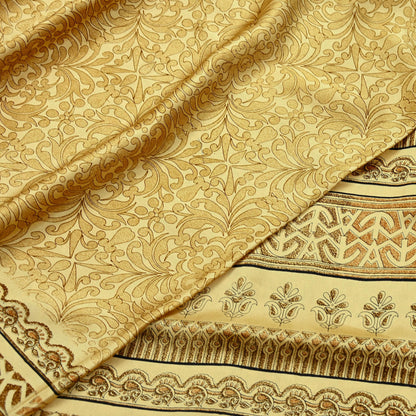 Indian Vintage Beige Digital Printed Satin Saree Artificial Silk Fabric 5 Yards Floral Craft Fabric for Sewing, Quilting, Dressmaking,