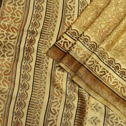 Indian Vintage Beige Digital Printed Satin Saree Artificial Silk Fabric 5 Yards Floral Craft Fabric for Sewing, Quilting, Dressmaking,