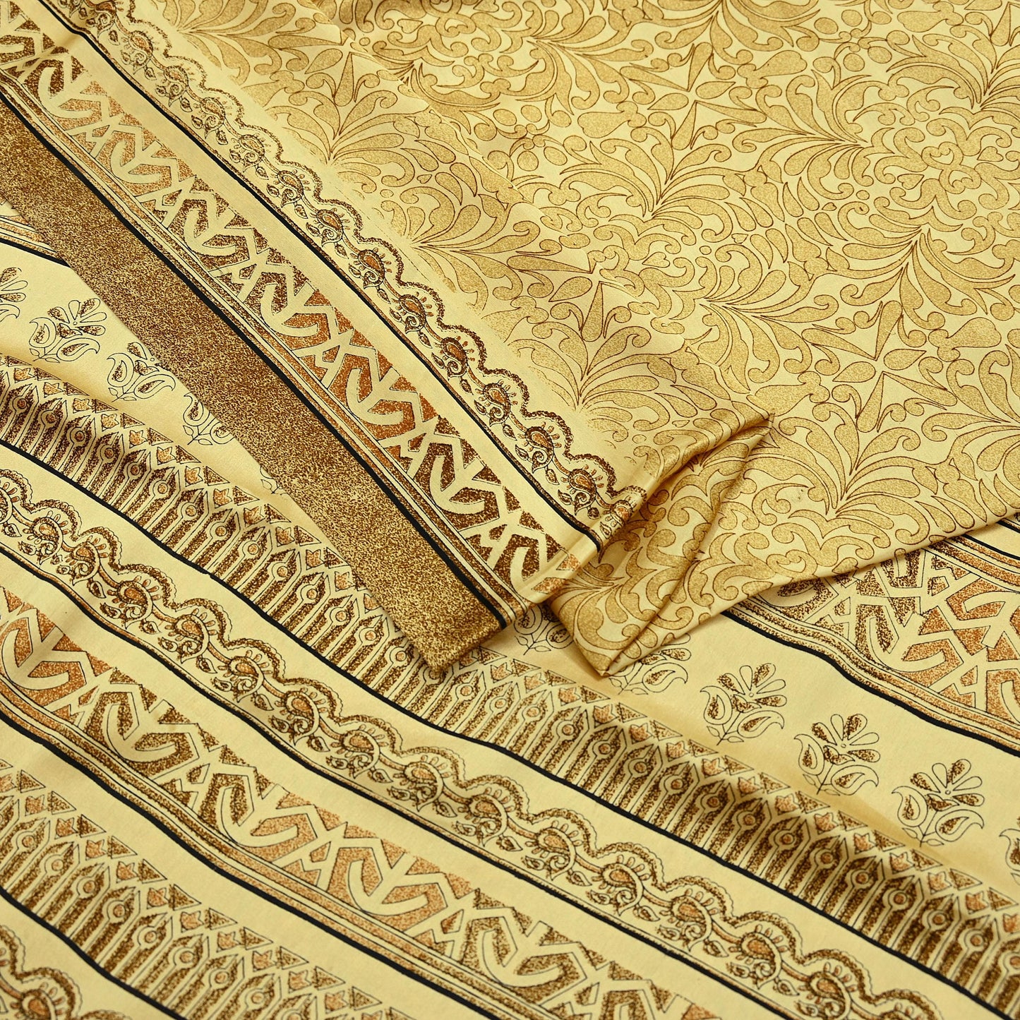 Indian Vintage Beige Digital Printed Satin Saree Artificial Silk Fabric 5 Yards Floral Craft Fabric for Sewing, Quilting, Dressmaking,