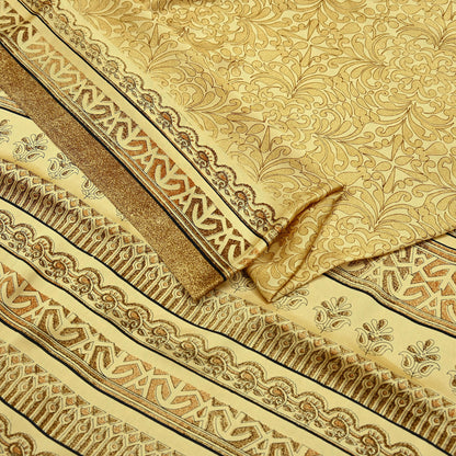 Indian Vintage Beige Digital Printed Satin Saree Artificial Silk Fabric 5 Yards Floral Craft Fabric for Sewing, Quilting, Dressmaking,