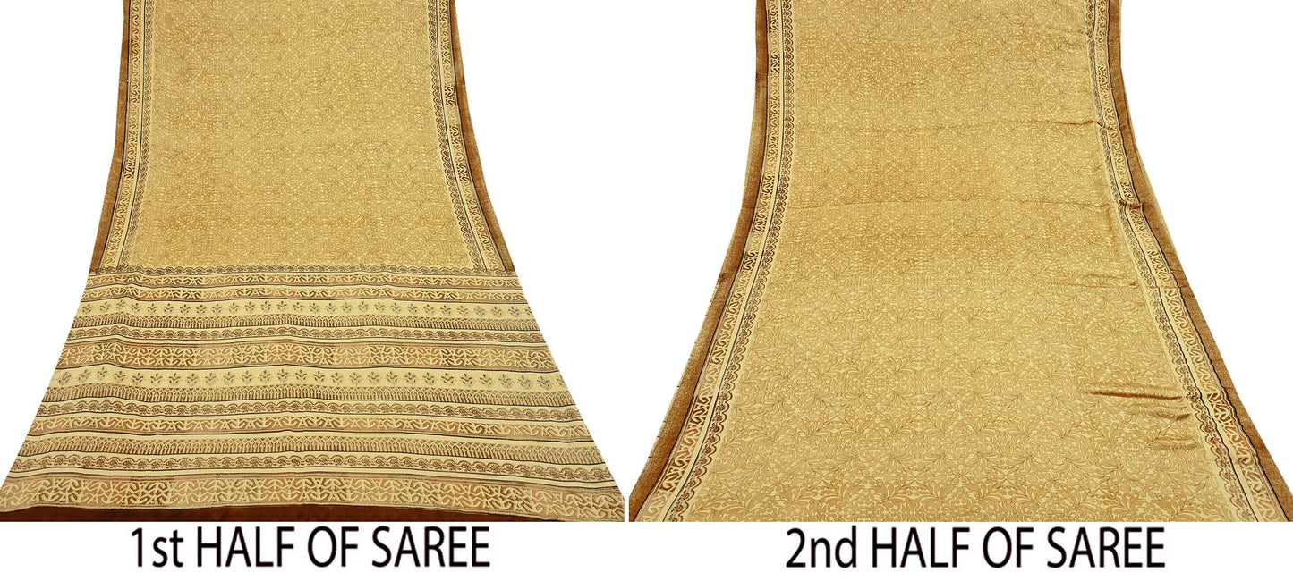 Indian Vintage Beige Digital Printed Satin Saree Artificial Silk Fabric 5 Yards Floral Craft Fabric for Sewing, Quilting, Dressmaking,