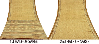 Indian Vintage Beige Digital Printed Satin Saree Artificial Silk Fabric 5 Yards Floral Craft Fabric for Sewing, Quilting, Dressmaking,