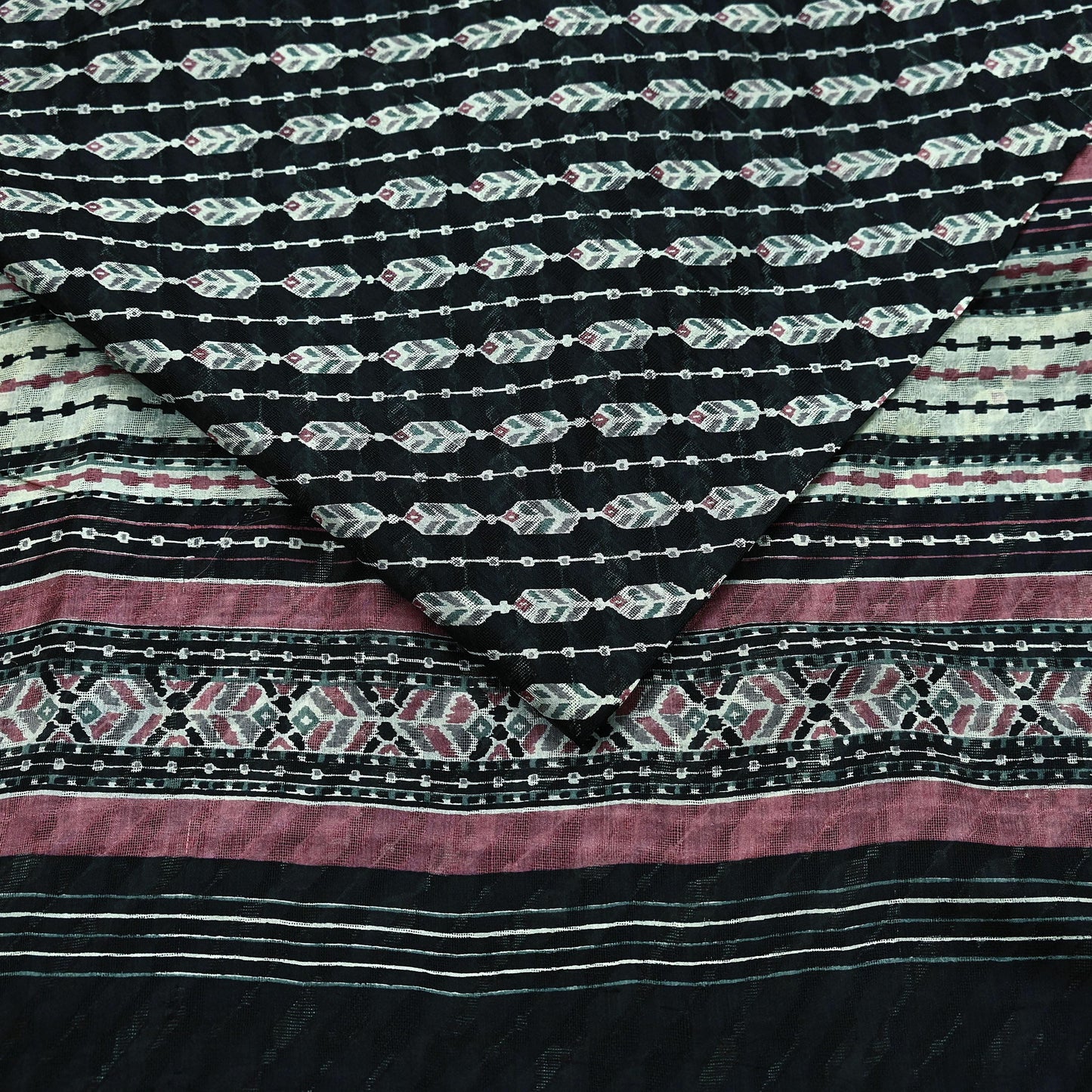 Indian Vintage Black Pure Silk Saree | Printed Floral & Striped Design | 6 Yards | Soft Craft Fabric for Dressmaking, Quilting,  Upcycling