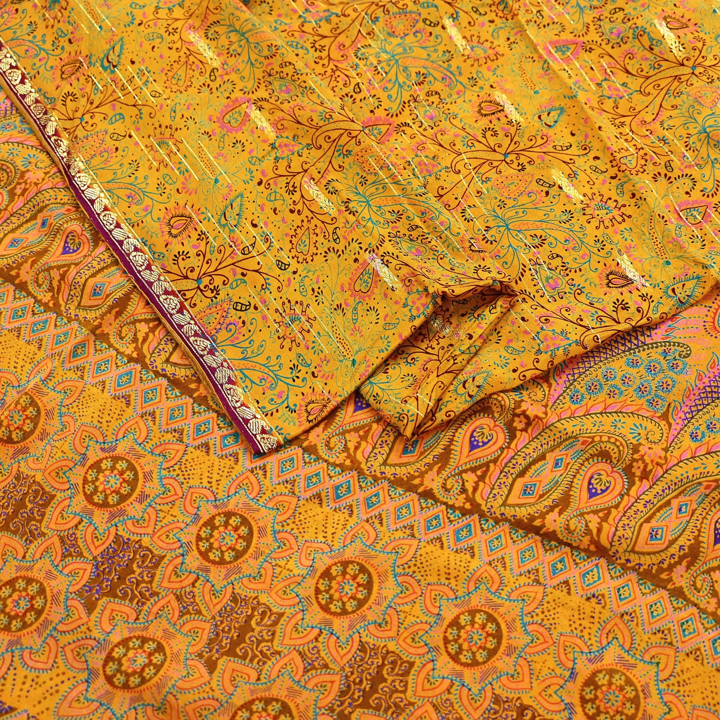 Indian Vintage Sari Saffron 100% Pure Silk Printed Saree 5yd Sewing Craft Fabric Dress Making Soft Wrap Floral Paisley Crafting Quilting