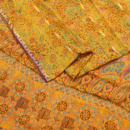 Indian Vintage Sari Saffron 100% Pure Silk Printed Saree 5yd Sewing Craft Fabric Dress Making Soft Wrap Floral Paisley Crafting Quilting