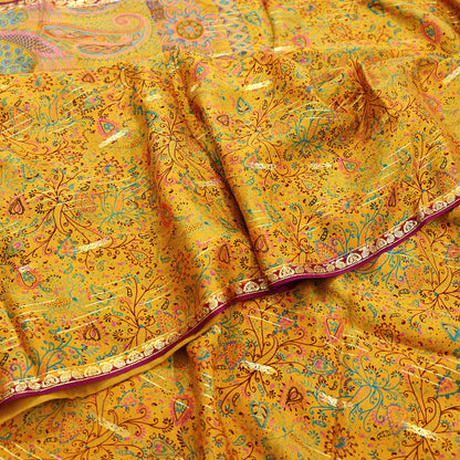 Indian Vintage Sari Saffron 100% Pure Silk Printed Saree 5yd Sewing Craft Fabric Dress Making Soft Wrap Floral Paisley Crafting Quilting