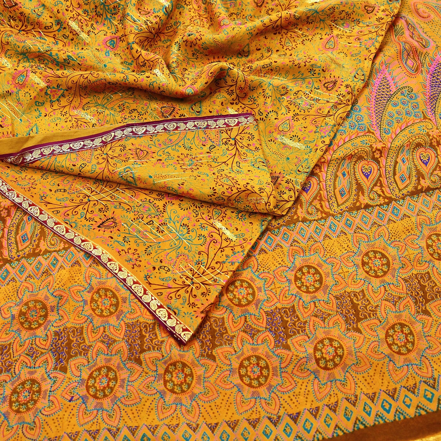 Indian Vintage Sari Saffron 100% Pure Silk Printed Saree 5yd Sewing Craft Fabric Dress Making Soft Wrap Floral Paisley Crafting Quilting