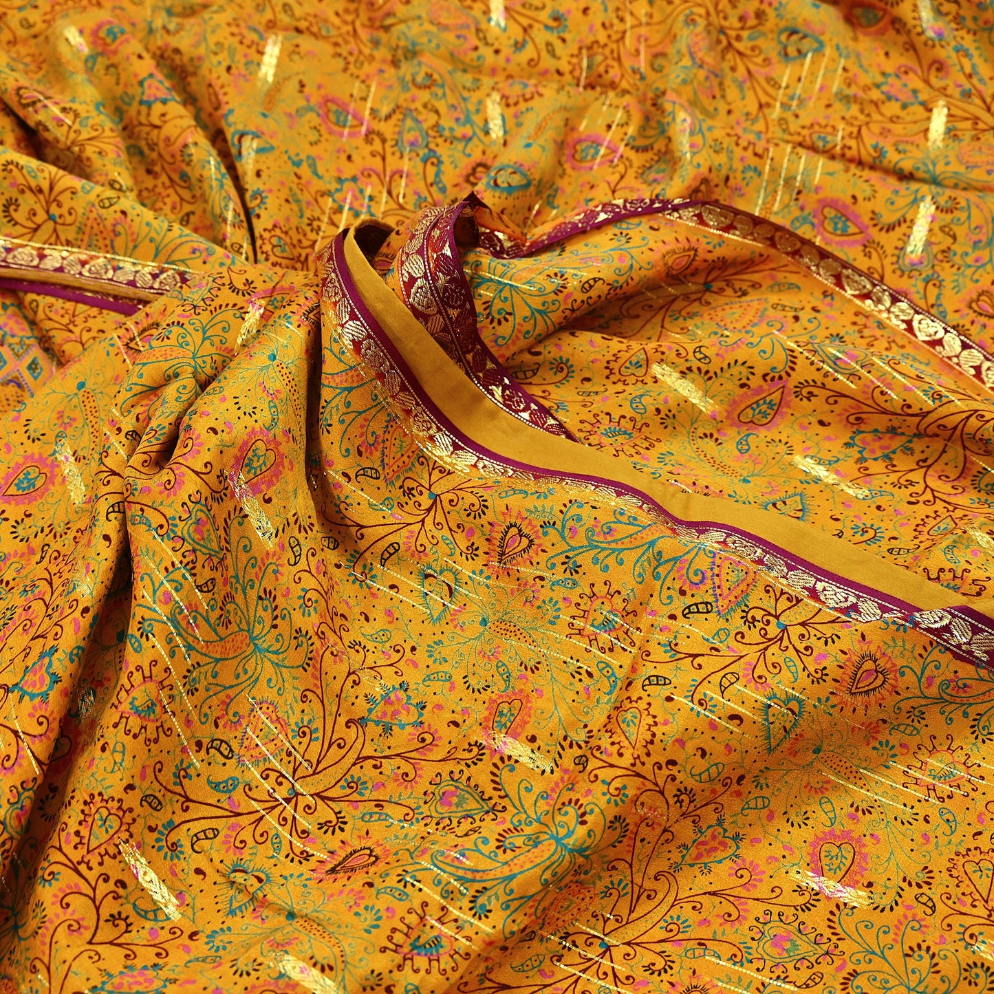 Indian Vintage Sari Saffron 100% Pure Silk Printed Saree 5yd Sewing Craft Fabric Dress Making Soft Wrap Floral Paisley Crafting Quilting