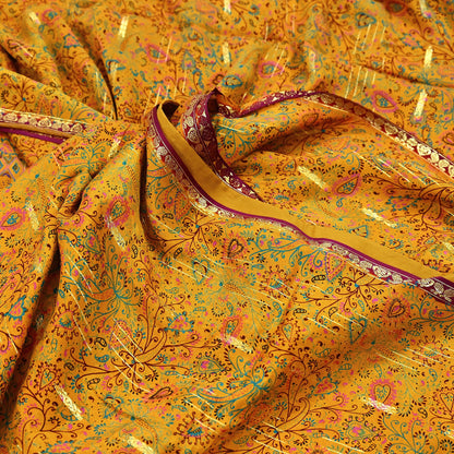 Indian Vintage Sari Saffron 100% Pure Silk Printed Saree 5yd Sewing Craft Fabric Dress Making Soft Wrap Floral Paisley Crafting Quilting