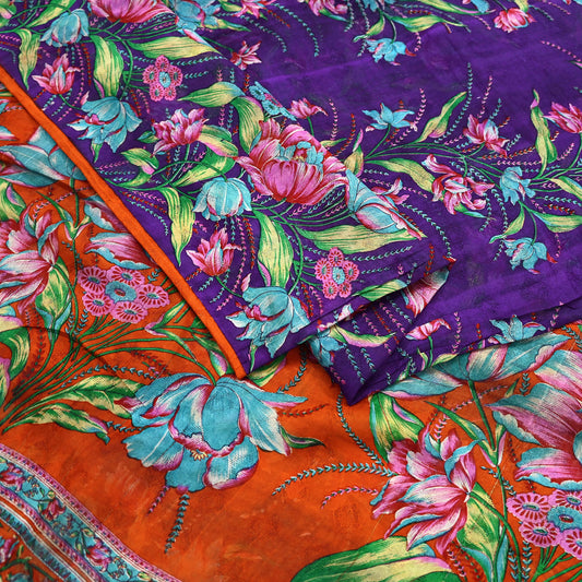 Indian Vintage Orange & Purple Pure Silk Saree | Floral Printed Fabric | 6 Yards | Craft Silk for Sewing, Quilting, Dressmaking, Upcycling