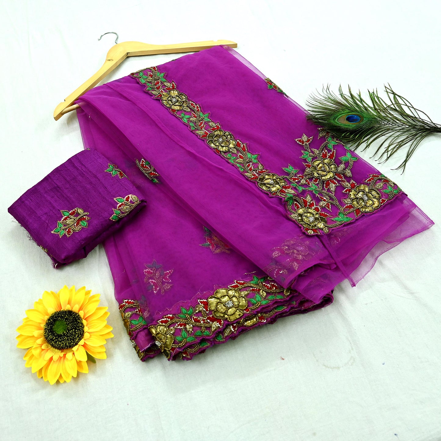 Indian New Heavy Sari Purple Net/Mesh Hand Embroidered Designer Manish Malhotra Sarees 6Yd Ethnic Zardozi/Dabka Zari With Blouse Fabric
