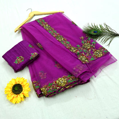 Indian New Heavy Sari Purple Net/Mesh Hand Embroidered Designer Manish Malhotra Sarees 6Yd Ethnic Zardozi/Dabka Zari With Blouse Fabric