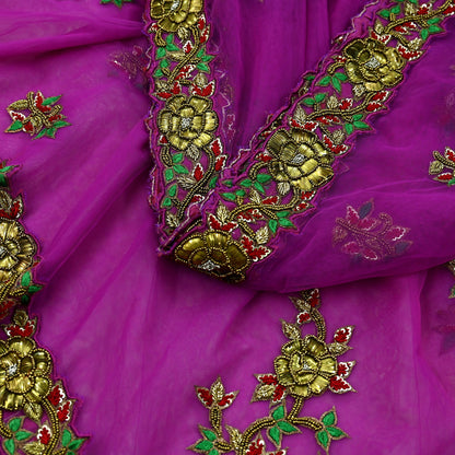 Indian New Heavy Sari Purple Net/Mesh Hand Embroidered Designer Manish Malhotra Sarees 6Yd Ethnic Zardozi/Dabka Zari With Blouse Fabric