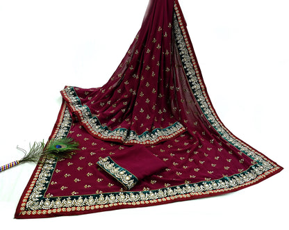Indian New Sari Maroon Pure Georgette Silk Hand Embroidered Designer Manish Malhotra Sarees Ethnic Zardozi/Dabka Zari With Blouse Fabric