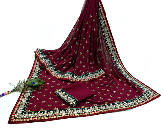 Indian New Sari Maroon Pure Georgette Silk Hand Embroidered Designer Manish Malhotra Sarees Ethnic Zardozi/Dabka Zari With Blouse Fabric
