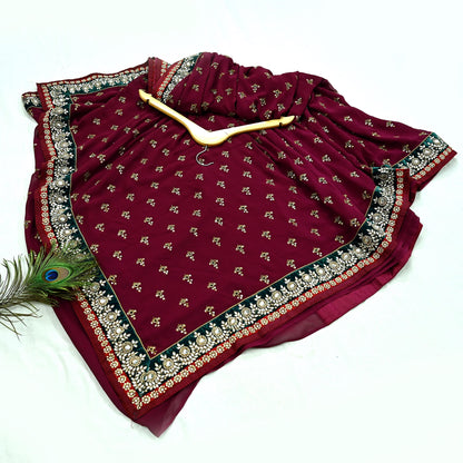 Indian New Sari Maroon Pure Georgette Silk Hand Embroidered Designer Manish Malhotra Sarees Ethnic Zardozi/Dabka Zari With Blouse Fabric