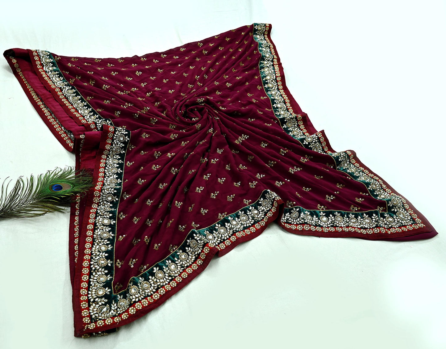 Indian New Sari Maroon Pure Georgette Silk Hand Embroidered Designer Manish Malhotra Sarees Ethnic Zardozi/Dabka Zari With Blouse Fabric