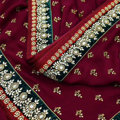 Indian New Sari Maroon Pure Georgette Silk Hand Embroidered Designer Manish Malhotra Sarees Ethnic Zardozi/Dabka Zari With Blouse Fabric
