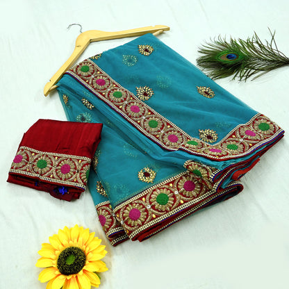 Indian New Heavy Wedding Sari Blue Net/Mesh Hand Embroidered Sarees Designer Abu Jani 5Yd Sewing Ethnic Zardozi/ Dabka With Blouse fabric