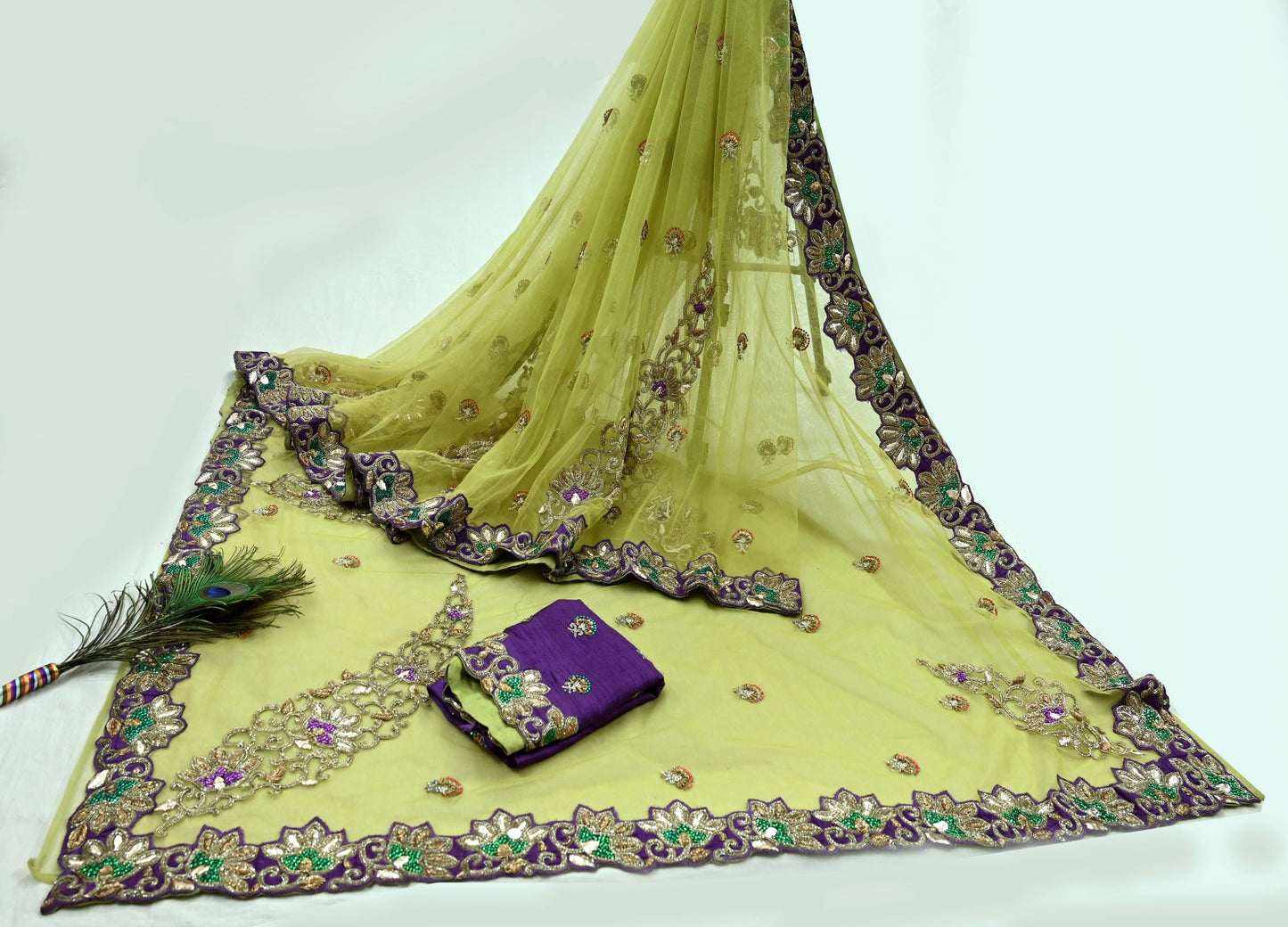 Indian New Heavy Sari Nion Green Net/Mesh Hand Embroidered Designer Manish Malhotra Sarees 6Yd Ethnic Zardozi/Dabka Zari With Blouse Fabric