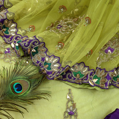 Indian New Heavy Sari Nion Green Net/Mesh Hand Embroidered Designer Manish Malhotra Sarees 6Yd Ethnic Zardozi/Dabka Zari With Blouse Fabric