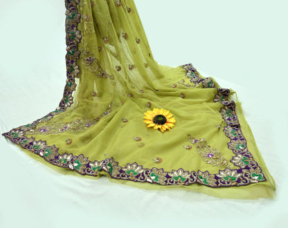 Indian New Heavy Sari Nion Green Net/Mesh Hand Embroidered Designer Manish Malhotra Sarees 6Yd Ethnic Zardozi/Dabka Zari With Blouse Fabric
