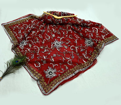 Indian New Sari Red Net/Mesh Hand Embroidered Anamika Khanna Designer Sarees Ethnic 6Yd Sewing  Zardozi, Dabka Zari With Blouse Fabric
