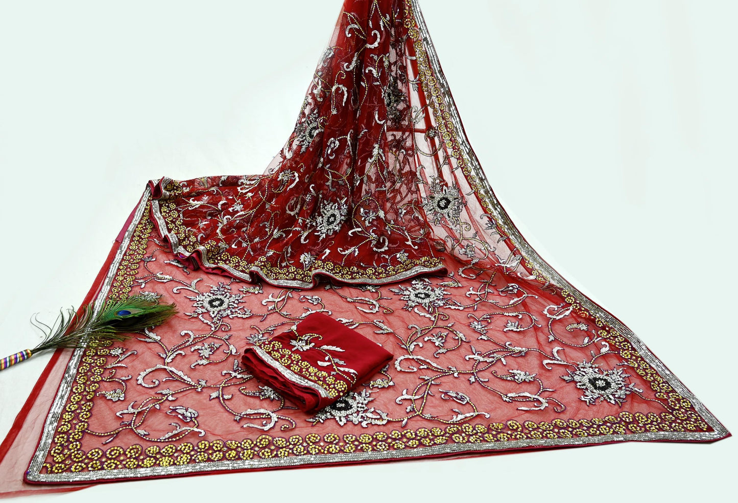 Indian New Sari Red Net/Mesh Hand Embroidered Anamika Khanna Designer Sarees Ethnic 6Yd Sewing  Zardozi, Dabka Zari With Blouse Fabric