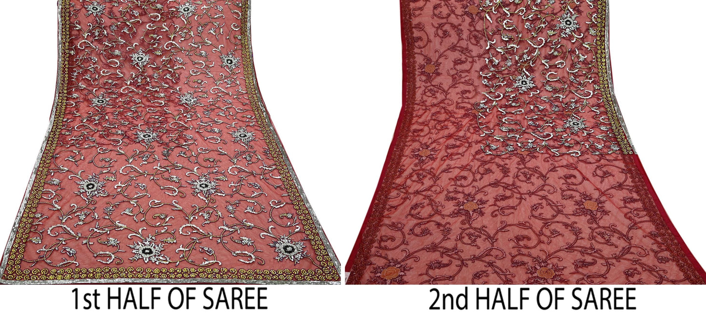 Indian New Sari Red Net/Mesh Hand Embroidered Anamika Khanna Designer Sarees Ethnic 6Yd Sewing  Zardozi, Dabka Zari With Blouse Fabric