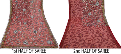 Indian New Sari Red Net/Mesh Hand Embroidered Anamika Khanna Designer Sarees Ethnic 6Yd Sewing  Zardozi, Dabka Zari With Blouse Fabric
