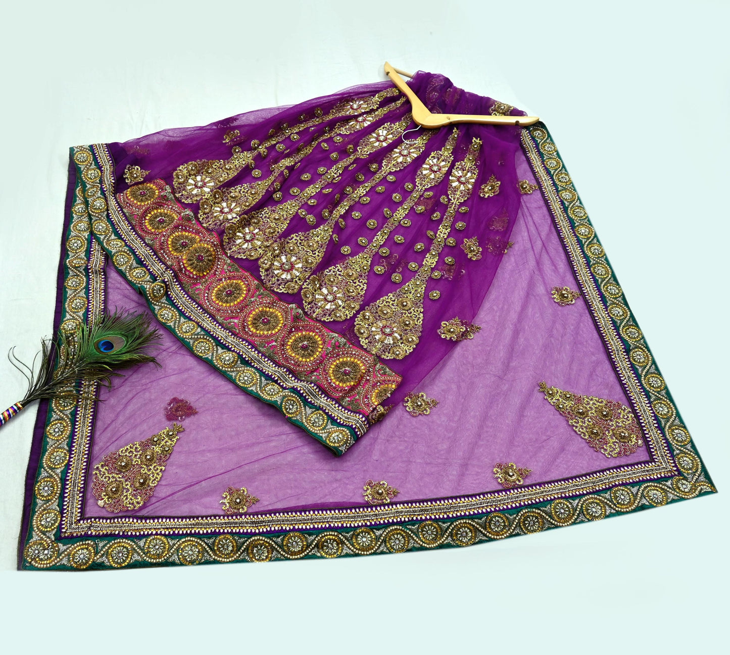 Indian New Heavy Sari Purple Net/Mesh Hand Embroidered Designer Manish Malhotra Lehenga Sarees 5Yd Ethnic Zardozi With Blouse Fabric