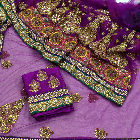 Indian New Heavy Sari Purple Net/Mesh Hand Embroidered Designer Manish Malhotra Lehenga Sarees 5Yd Ethnic Zardozi With Blouse Fabric