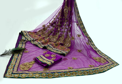 Indian New Heavy Sari Purple Net/Mesh Hand Embroidered Designer Manish Malhotra Lehenga Sarees 5Yd Ethnic Zardozi With Blouse Fabric