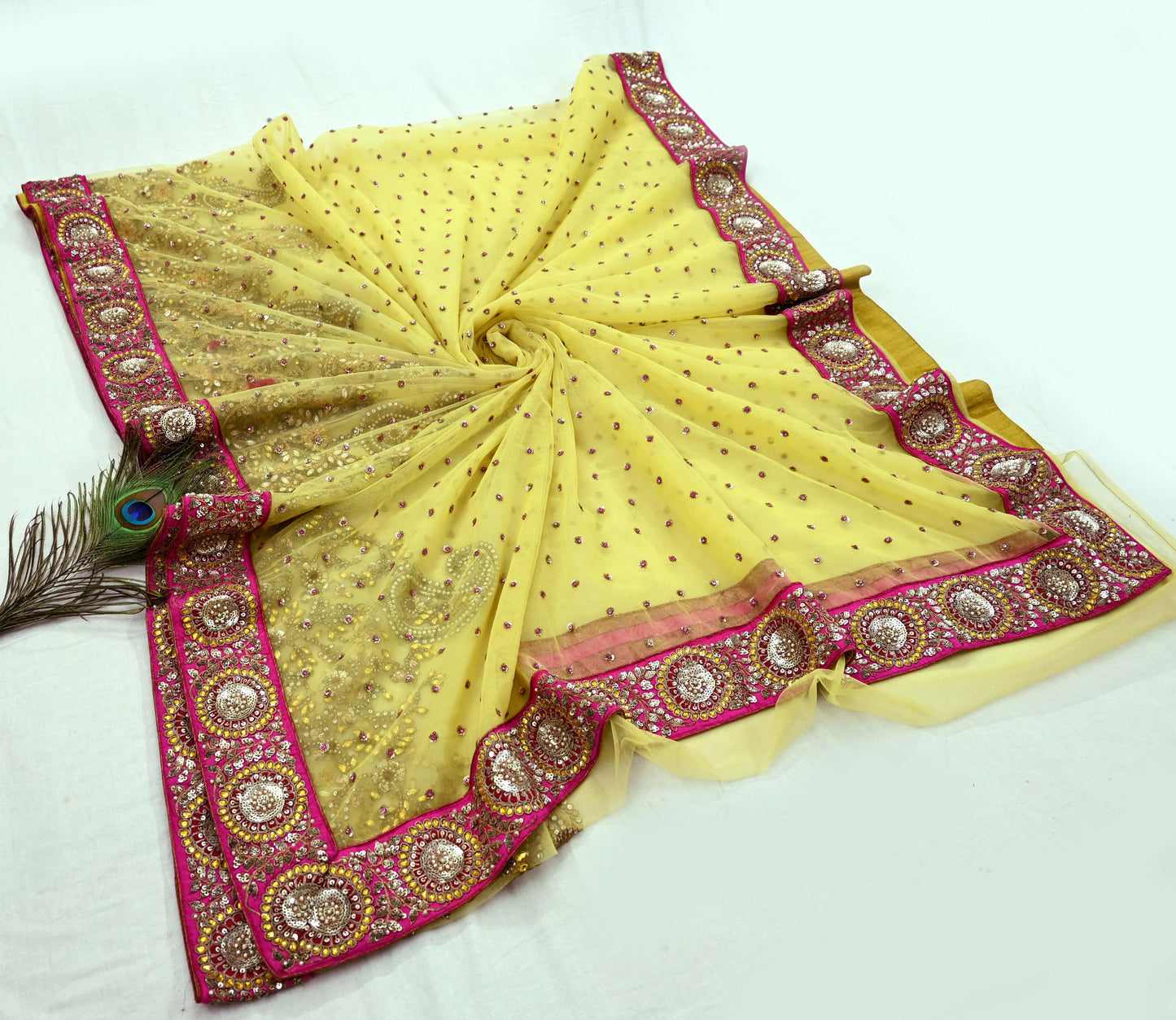 Indian New Saree Yellow Mesh/Net Hand Embroidered Sabyasachi Designer Sari 6Yd Soft Ethnic Bollywood Party saree With Blouse Fabric